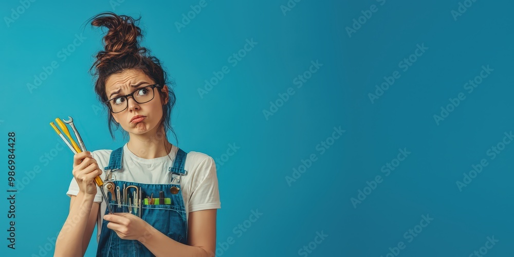 A woman with tools, against a blue background. A woman with tools, against a blue background.