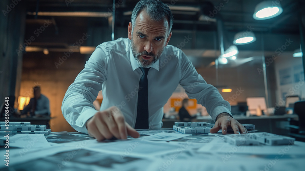 Concerned business executive inspects defective products on desk, surrounded by urgent recall notices and quality control reports, emergency meeting in background. Concerned business executive inspects defective products on desk, surrounded by urgent recall notices and quality control reports, emergency meeting in background.