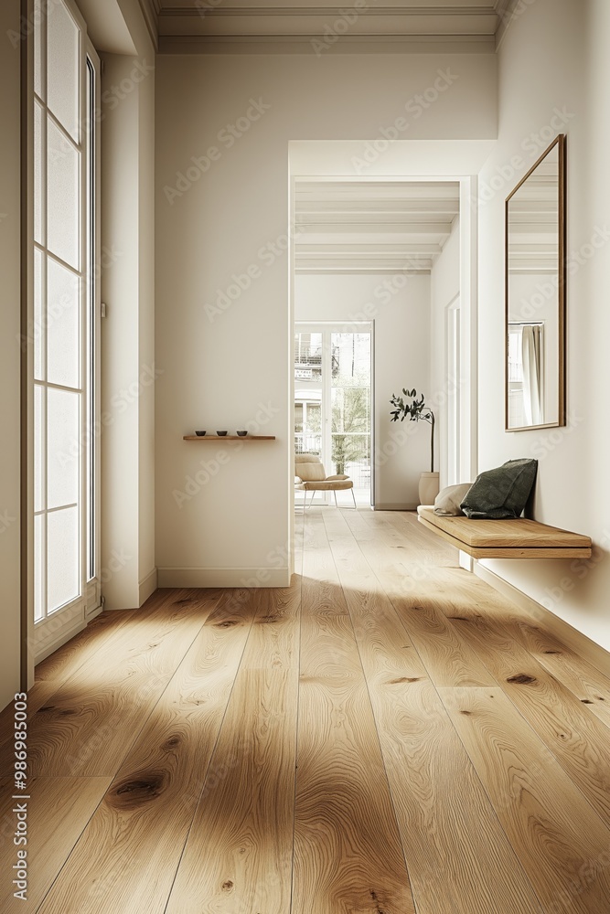 A bright Scandinavian-style hallway featuring natural wood floors, simple wall decor, and soft natural light from a large window, creating a minimalist and serene atmosphere A bright Scandinavian-style hallway featuring natural wood floors, simple wall decor, and soft natural light from a large window, creating a minimalist and serene atmosphere