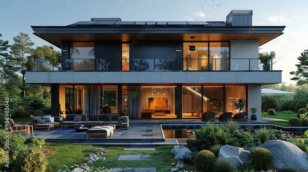 Luxury modern home exterior design with large windows and patio Luxury modern home exterior design with large windows and patio