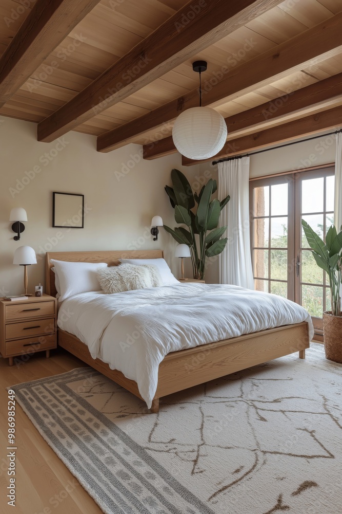 A cozy Scandinavian-style bedroom with wooden beams, soft white bedding, and minimalist decor, featuring large indoor plants and natural wooden furniture A cozy Scandinavian-style bedroom with wooden beams, soft white bedding, and minimalist decor, featuring large indoor plants and natural wooden furniture