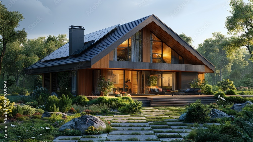 Modern home in nature with solar panels Modern home in nature with solar panels