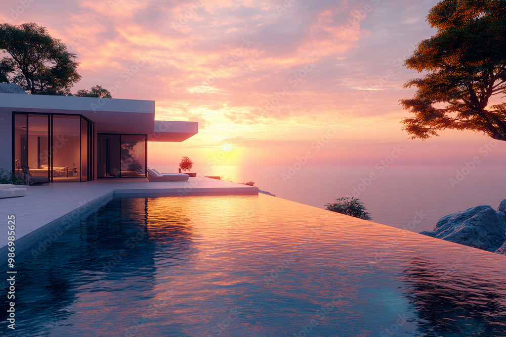 Fototapeta premium minimalist villa with sea in dawn . AI generative.