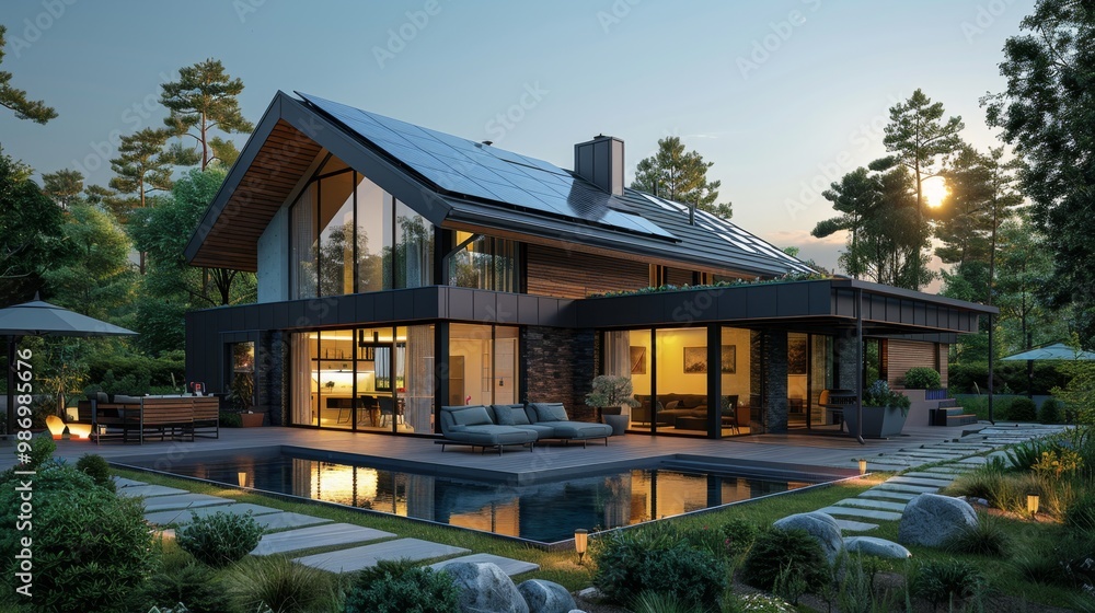 Luxury modern house with solar panels, swimming pool, and large windows Luxury modern house with solar panels, swimming pool, and large windows