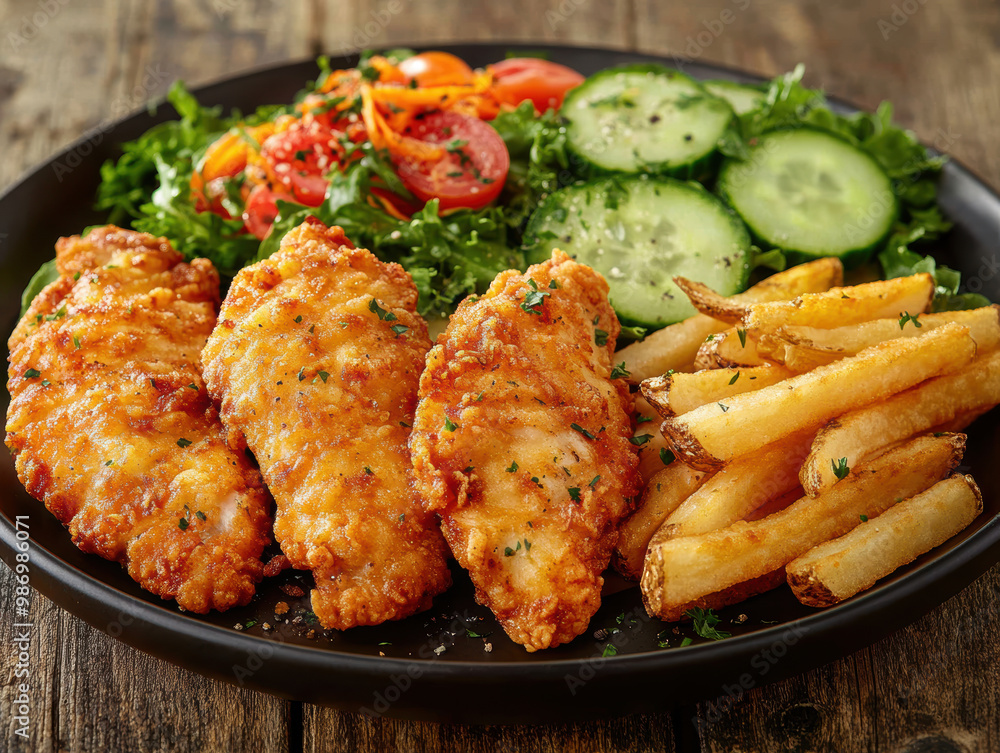 a plate of crispy, golden chicken tenders and seasoned fries. AI generative. a plate of crispy, golden chicken tenders and seasoned fries. AI generative.