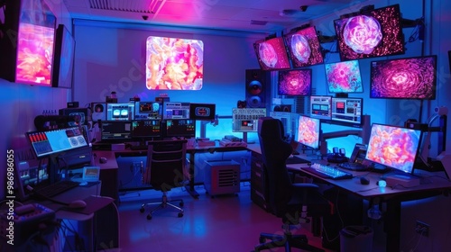 Platinum Neural Interface Research Center: Showing a research center where scientists study neural interfaces and brain-computer interfaces, with advanced neuroscience equipment and simulations