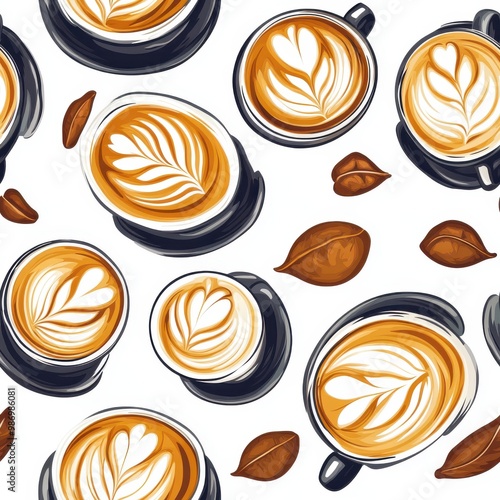 A vibrant pattern featuring various coffee cups with beautiful latte art and decorative leaves, perfect for coffee lovers.