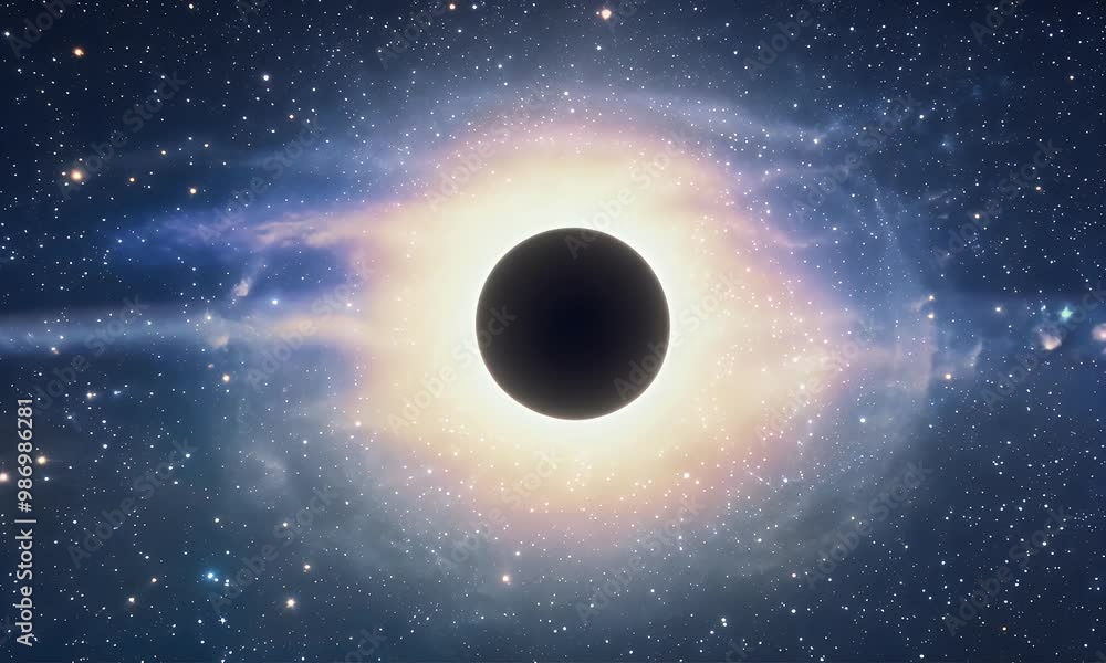 solar eclipse with intense twin flares, light beams curving and twisting, set in a panoramic star-filled sky