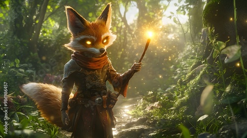 A fantasy fox in an intricate wizard outfit, traversing a magical woodland, with a bright glowing staff casting enchanting light on the surrounding trees and plants  photo