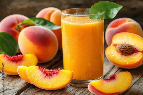 Fresh Peach Juice with Whole and Sliced Peaches on Wooden Background