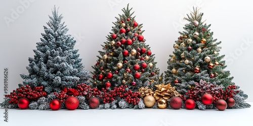 Three decorated Christmas trees isolated on white background