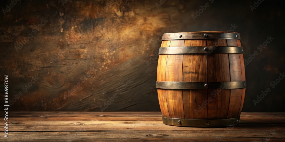 Wooden retro old barrel on desk with free space for decoration Wooden retro old barrel on desk with free space for decoration