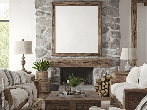 3D rendering of a cozy farmhouse living room interior featuring a stone fireplace distressed wood furniture and vintage home decor in an earthy traditional and refined rustic style