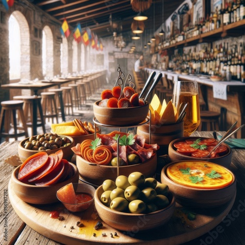 A variety of traditional Spanish tapas including olives, meats, and cheeses are beautifully arranged on a rustic wooden table in a cozy tavern, perfect for sharing over drinks in a warm ambiance.. AI