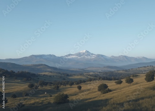 Aconcagua Landscape with Rolling Hills and Snow-Capped Mountains photo