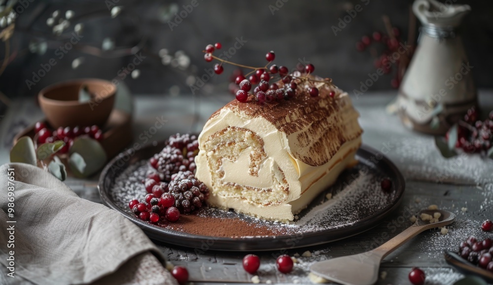 Yule Log Cake with Berries and Powdered Sugar Yule Log Cake with Berries and Powdered Sugar