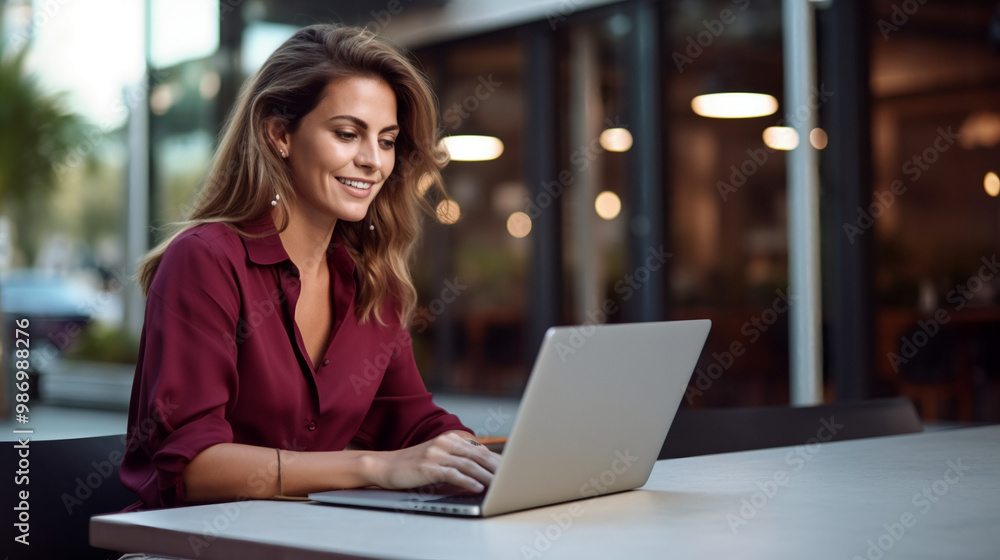 A photo of an attractive woman in her late thirties sitting at the table with laptop smiling, working on office building background. A photo of an attractive woman in her late thirties sitting at the table with laptop smiling, working on office building background.