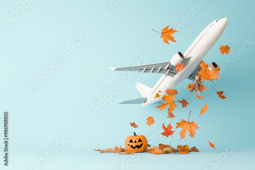 Airplane with falling leaves and a pumpkin