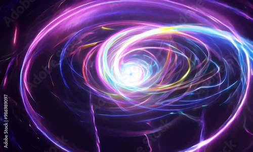 Animation of swirling energy beams with a glowing effect, flashing dynamically, set against a black background photo