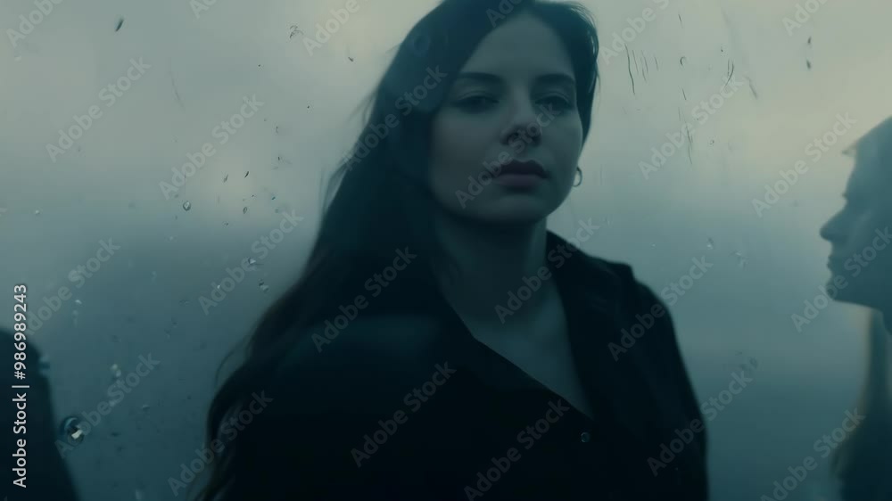 Moody portrait of a woman behind rain-soaked glass Moody portrait of a woman behind rain-soaked glass