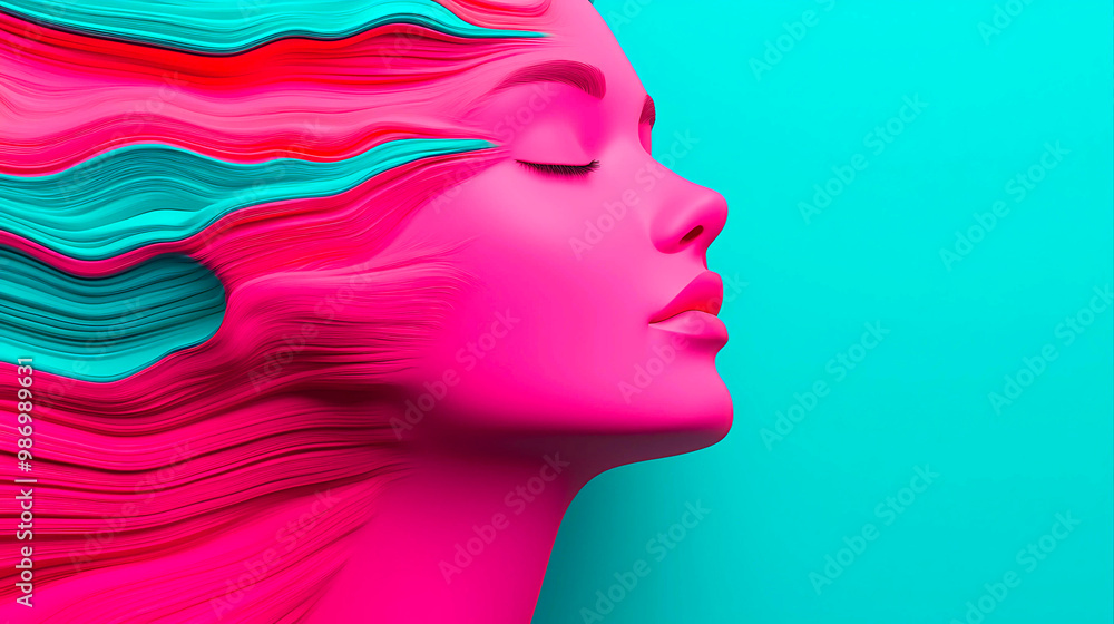 A vibrant artistic depiction of a woman's profile with flowing, colorful hair against a bold turquoise background. A vibrant artistic depiction of a woman's profile with flowing, colorful hair against a bold turquoise background.