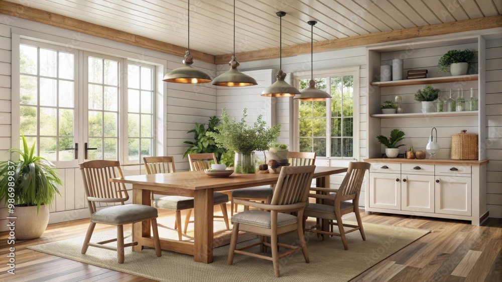 Farmhouse dining room interior mockup frame in realistic render Farmhouse dining room interior mockup frame in realistic render