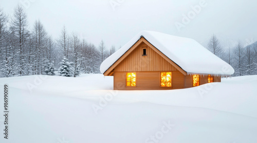 A cozy wooden cabin glows warmly in the snowy forest, surrounded by snow-covered trees and a peaceful winter landscape. Icicles hang from the roof, creating a serene holiday scene.