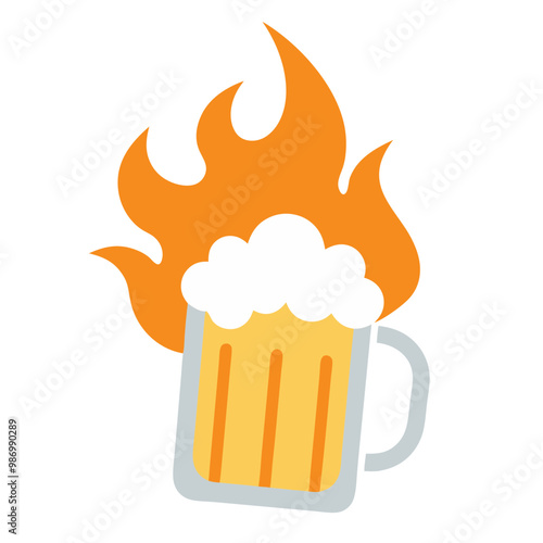 cartoon glass of beer with frothy flaming head that bubbles over, hot and passionate