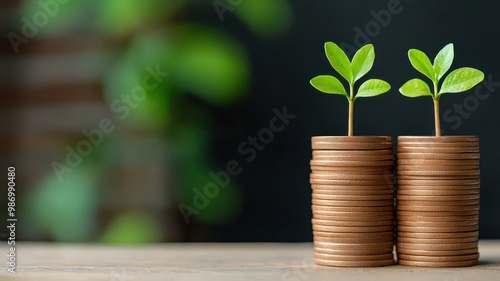 Growing plants in coins representing financial growth and sustainability.