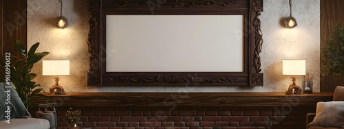 Beautifully crafted mockup frame with ornamental vine carvings and dark walnut finish suspended above a brick fireplace mantle in a cozy farmhouse living room with plush area rug and ambient lighting
