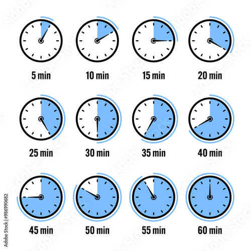 Stopwatch icons. Colorful simple chronometer, time counter with dial. Countdown timer showing hours and minutes. Deadline, measurement for sport. Cooking time label, sticker. Vector illustration