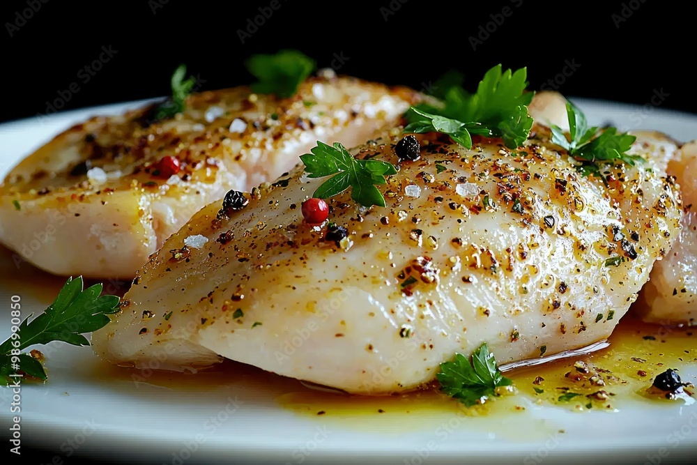 Close-up of seasoned and pan-fried fish fillets on a white plate Close-up of seasoned and pan-fried fish fillets on a white plate