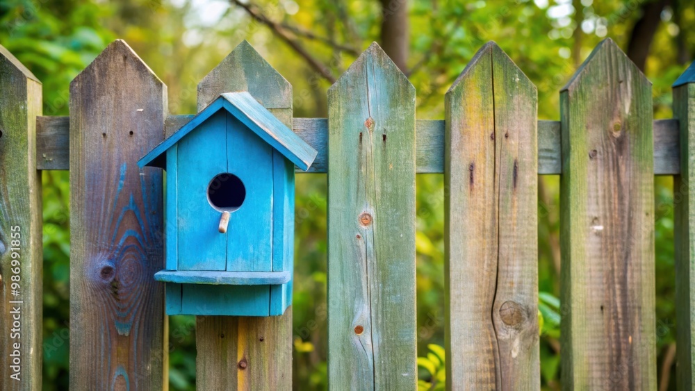 Blue wooden bird house on a fence with copy space Blue wooden bird house on a fence with copy space