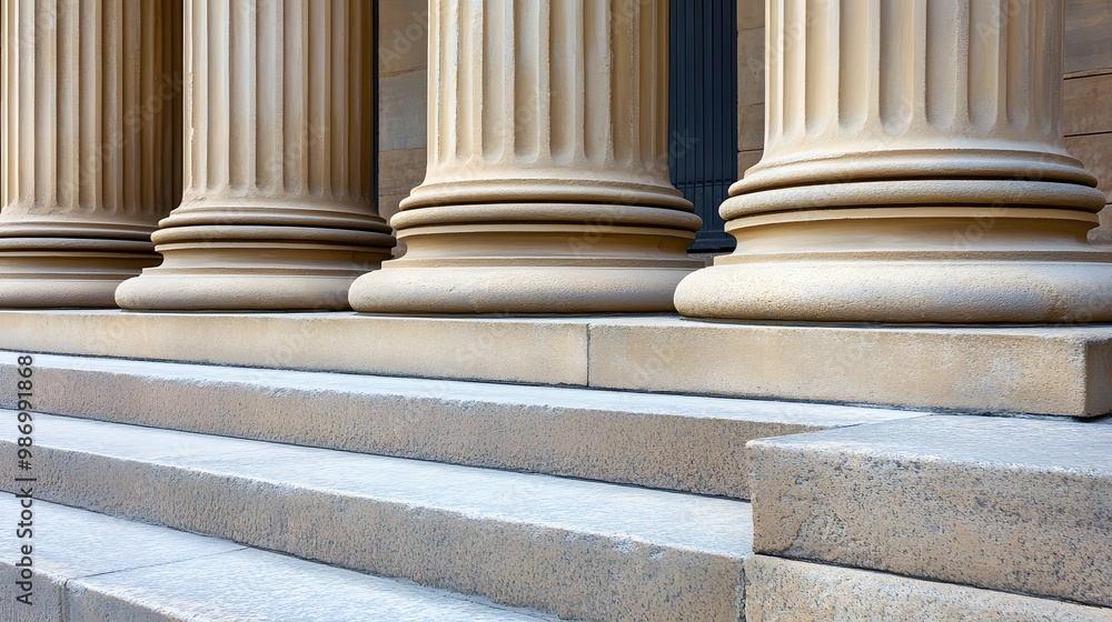 Stone colonnade and stairs detail showcasing classical pillars in a building facade. Stone colonnade and stairs detail showcasing classical pillars in a building facade.