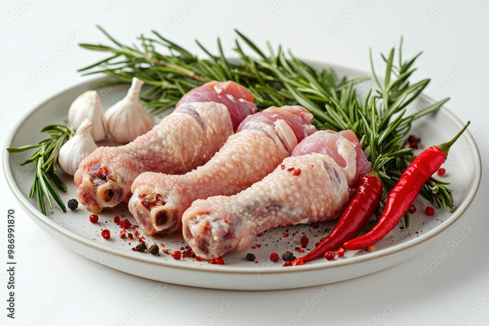 Raw Chicken Drumsticks with Garlic, Rosemary, and Red Peppers on a Plate Raw Chicken Drumsticks with Garlic, Rosemary, and Red Peppers on a Plate