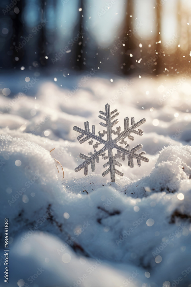 Close-up of a shimmering snowflake on sparkling snow with blurred falling snow and lights Close-up of a shimmering snowflake on sparkling snow with blurred falling snow and lights