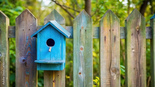 Blue wooden bird house on a fence with copy space