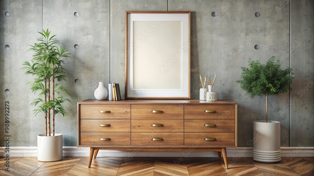 © Collection - Mock up poster frame displayed on retro chest of drawers in a hipster interior setting © Collection - Mock up poster frame displayed on retro chest of drawers in a hipster interior setting