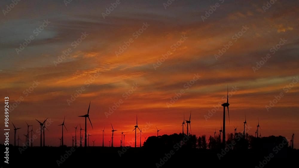 Windfarm or multiple wind turbines at sunset suggesting renewable energy industry concept Windfarm or multiple wind turbines at sunset suggesting renewable energy industry concept