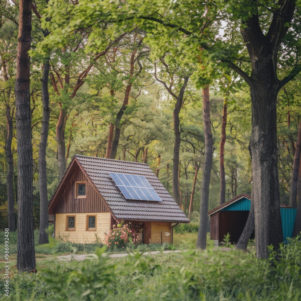 Fototapeta premium Eco-Friendly Cabin with Solar Panels in a Peaceful Forest Setting