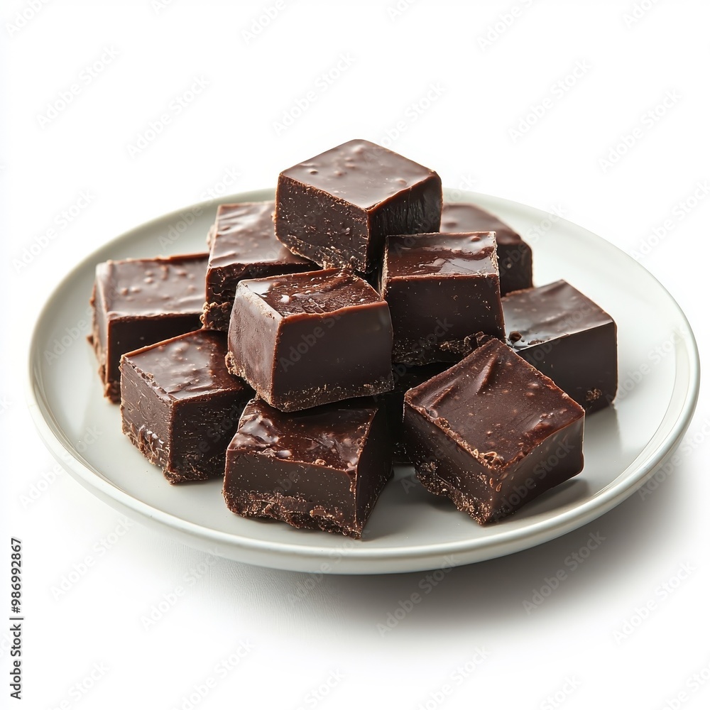 Chocolate fudge served on a plate, isolated on a white background, focusing on its appealing presentation and texture. Chocolate fudge served on a plate, isolated on a white background, focusing on its appealing presentation and texture.
