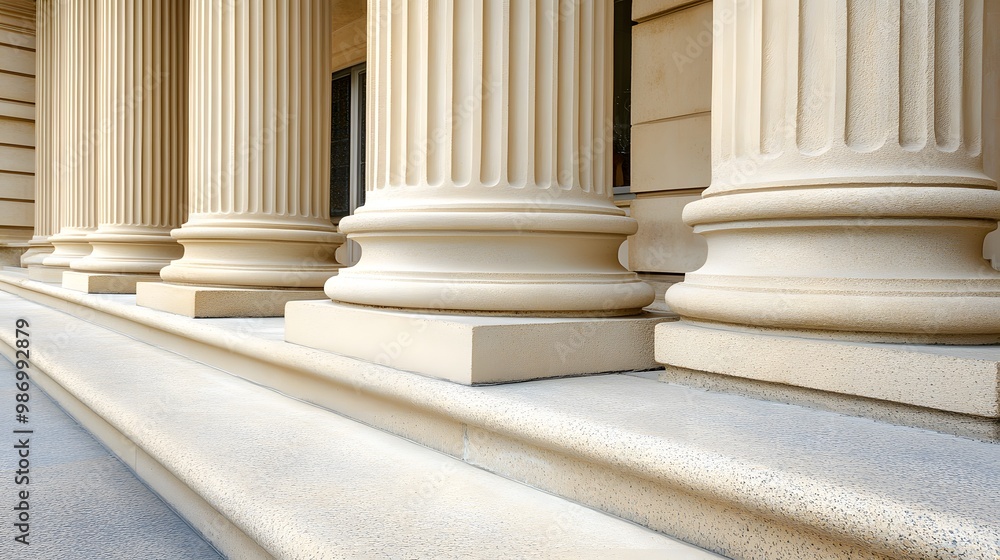 Stone colonnade and stairs detail showcasing classical pillars in a building facade. Stone colonnade and stairs detail showcasing classical pillars in a building facade.