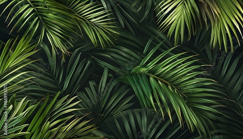 Lush dark tropical palm leaves creating a textured background, perfect for wallpapers and web design elements in deep green hues photo