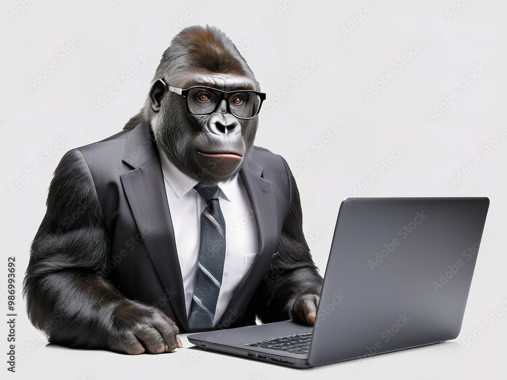 Gorilla in formal wear, glasses, shocked expression, staring at laptop, isolated on white. Gorilla in formal wear, glasses, shocked expression, staring at laptop, isolated on white.