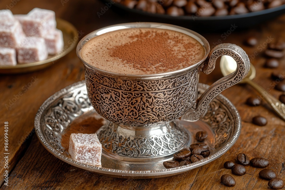 Turkish Coffee in an Ornate Silver Cup with Turkish Delight and Coffee Beans Turkish Coffee in an Ornate Silver Cup with Turkish Delight and Coffee Beans