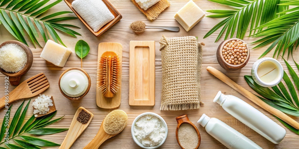 Sustainable lifestyle products flat lay with natural bamboo toothbrush, coconut soap, crystal deodorant, and more Sustainable lifestyle products flat lay with natural bamboo toothbrush, coconut soap, crystal deodorant, and more