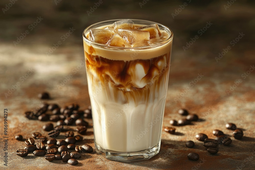 Iced Coffee with Milk and Ice Cubes on a Rustic Table Iced Coffee with Milk and Ice Cubes on a Rustic Table