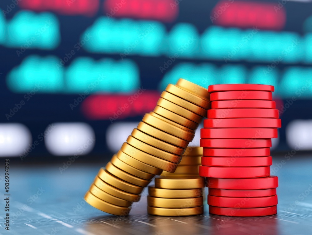Stack of coins in gold and red against a digital financial display background. Stack of coins in gold and red against a digital financial display background.