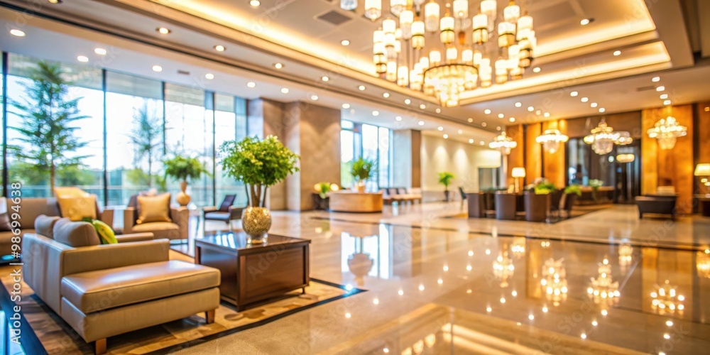 Abstract blur background of a modern hotel lobby with soft lighting and elegant decor Abstract blur background of a modern hotel lobby with soft lighting and elegant decor
