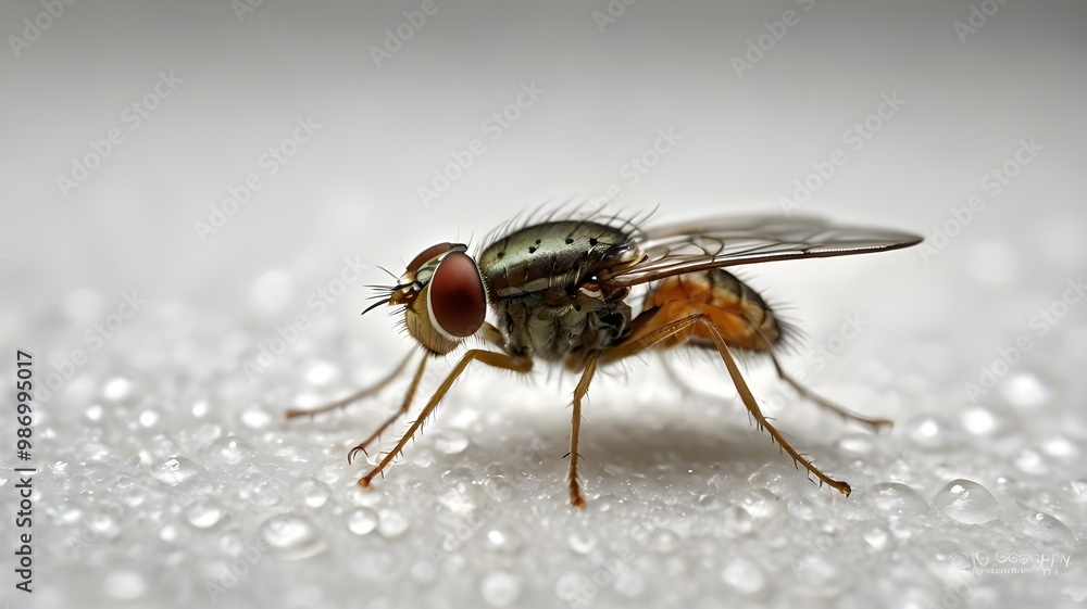 Close up of a black fly with hairy body and large eyes resting on a green leaf Close up of a black fly with hairy body and large eyes resting on a green leaf